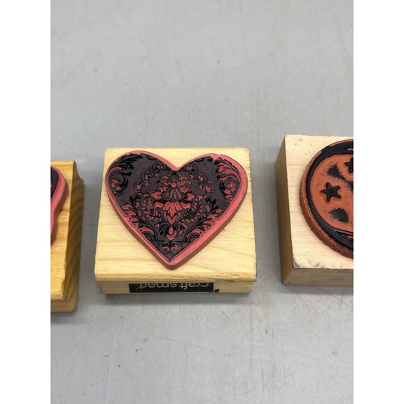 set of 3 rubber stamps on wood heart and flowers moon and stars butterfly READ - Picture 7 of 8